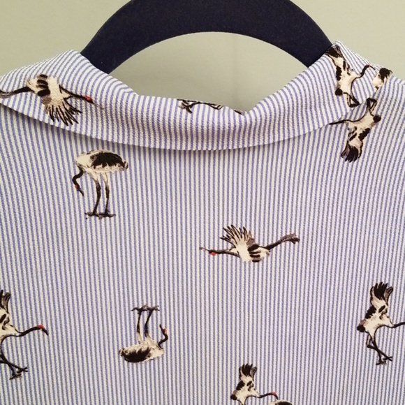Monteau Blue & White Striped w/Cranes Top Size L - Picture 7 of 8